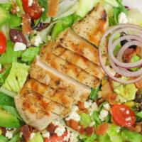 Rodeo Drive Salad · Sliced grilled chicken, crispy bacon, diced avocado, cherry tomatoes, crumbled feta cheese, ...