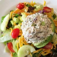 Flying Saucer Salad · Fresh avocado stuffed with chicken or tuna salad. carrots, tomatoes, Cheddar cheese and cucu...