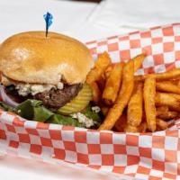 Blackn' Blue Burger · Cajun spiced grilled to order burger topped with blue cheese, lettuce, tomato, red onion, an...