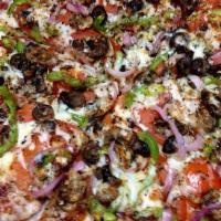 Veggie Pizza · Black olives, red onions, green peppers, basil, tomatoes, mushrooms, and our premium cheese ...