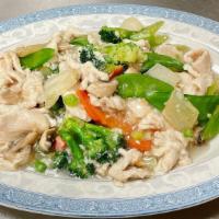 Moo Goo Gai Pan · Sliced chicken breast, fresh mushrooms, broccoli, napa cabbage, celery, carrots and snow pea...