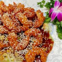 Sesame Shrimp · Jumbo shrimp lightly breaded, deep fried, and then coated with chef's sesame sauce, sprinkle...