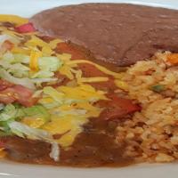 Deluxe Mexican Plate · Two cheese enchiladas with chili con carne, crispy taco, served with rice and beans.
