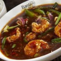 Chili Shrimp (Lunch) · Very spicy. Shrimp, green chili, bell pepper, red onion. Lunch specials served with Veg Spri...