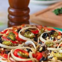 Vegetarian · Tomato sauce, mushroom, black olives, red bell pepper, onion, garlic, jalapeños, and mozzare...