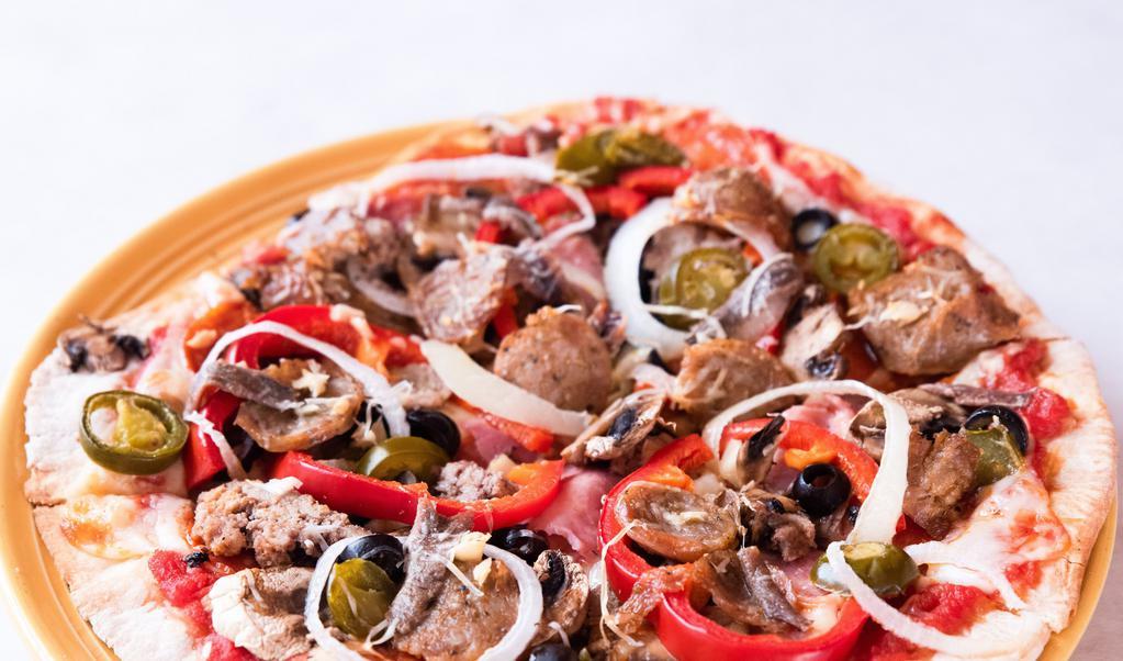 Kitchen Sink · Tomato sauce, anchovies, jalapeños, pepperoni, ham, sausage, mushroom, onion, red bell pepper, black olives, mozzarella, and romano cheese