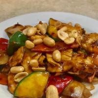 Kung Pao Style · Spicy. Carrot, zucchini, green bell pepper, red bell pepper, white onion, and peanuts, in sp...