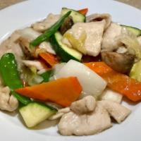 Moo Goo Gai Pan · Chicken stir-fried with snow peas, napa cabbage, zucchini, carrots, and mushrooms in white s...