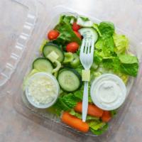 Garden Salad · Romaine lettuce, tomato, black olive, red onion, green pepper, mushroom and mozzarella cheese.