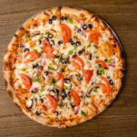 Garden Veggie Pizza · Onions, green peppers, green and black olives, fresh tomatoes and mushrooms.