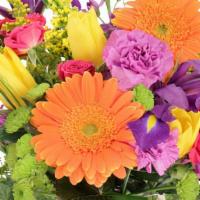 Celebrate Today! · Add some pizazz to their life with this exciting arrangement! With purple iris, orange gerbe...