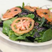 Veggie Salad (Side) · Organic mixed greens, tomatoes, red onions, mushrooms and green peppers.