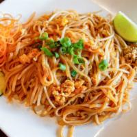 Pad Thai · Stir-fried rice noodles with egg and bean sprouts in a sweet & sour sauce. Topped with peanu...