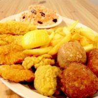 Fried Seafood Platter · 3 piece shrimp, 2 piece catfish, 3 piece oysters, 1 crab ball, 1 Stuffed jalapeno, 1 boudin ...