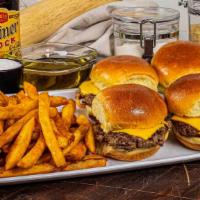 Angus Sliders · Four certified angus beef cheeseburgers with pickles and red onions.