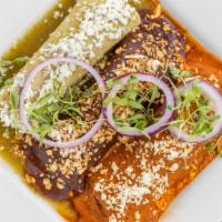 Tri Color Enchiladas (3) · 1 of all 3 salsas. 3 soft, lightly fried tortillas stuffed with choice of cheese, ground bee...