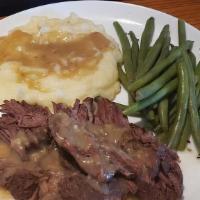 Beef Pot Roast (Thursday) · Mashed potatoes, English peas, and a roll.