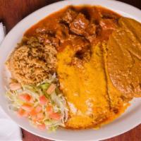 Texas Plate · Two cheese enchiladas and stewed meat (guisada). Served with rice, beans, and salad.