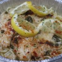 Chicken Piccata · Chicken Breast sautéed with White Wine, Lemon Sauce and Capers.