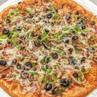 Supreme Pizza · Pepperoni, Mushrooms, Red Onions, Hamburger, Sausage, Green Pepper and Black Olives.