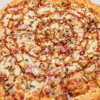 Barbecue Chicken Pizza · New. Barbecue Sauce, Chicken, Bacon, Red Onions and Mozzarella Cheese.