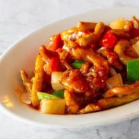 Sweet & Sour Pork 咕咾肉 · Onions, bell peppers and pineapple