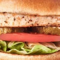 Grilled Chicken Sandwich · Grilled with Garlic Aioli, Served with Lettuce, Tomato, Onion and Pickles on Sesame Brioche ...