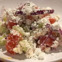 Shopska · Traditional balkan favorite, simply combining tomato, baby cucumber, feta cheese, red onion,...