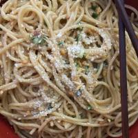 Garlic Noodles Side · 16oz  thin spaghetti noodles tossed in savory umami sauce with garlic butter, black pepper, ...