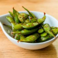 Spicy Edamame · Vegan/Gluten Free. Spicy, topped with togarashi and chili oil