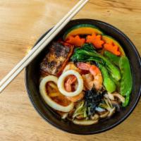 Spicy Miso Udon Soup - Seafood · Kabocha, bok choy, mushrooms, carrots, and shrimp, salmon,and  squid. Gluten Free (request r...