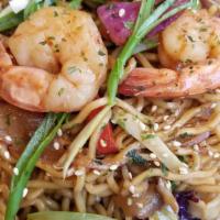 Yaki Soba Shrimp & Squid · Japanese stir fried thin wheat noodles with vegetables and shrimp & Squid.