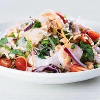 Asian Noodle Salad · Spicy. Shrimp, minced chicken, clear low carb noodle, julienne seasonal rainbow vegetable, g...