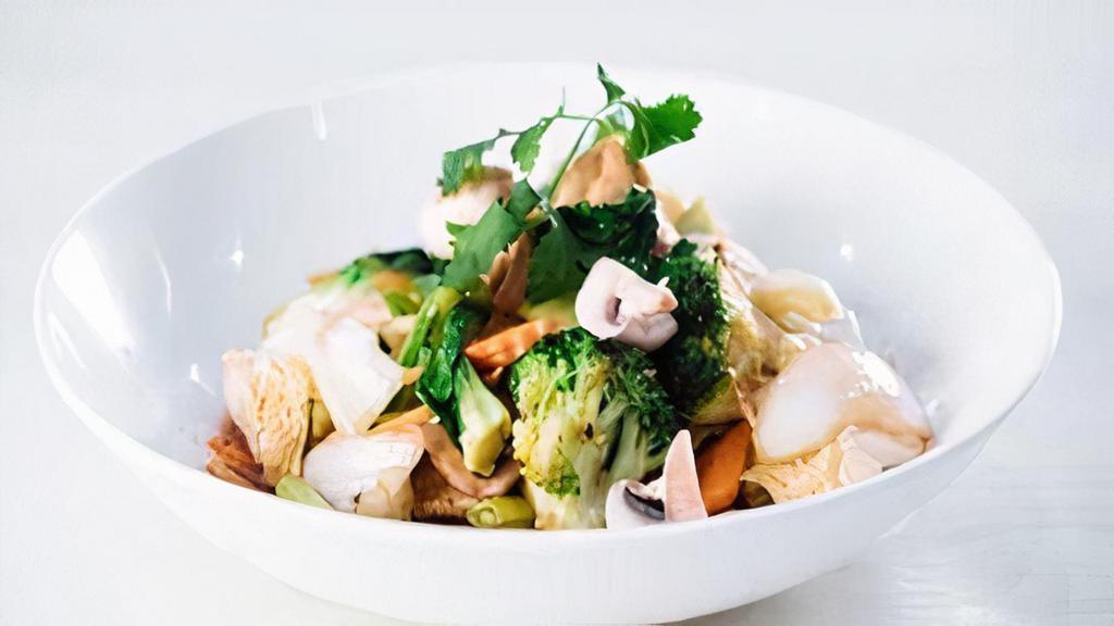 Asian Vegetable Stir Fry · Broccoli, bok choy, mushroom, snap pea, carrot, Scallion , white onion, bamboo shoot, cabbage, so healthy.