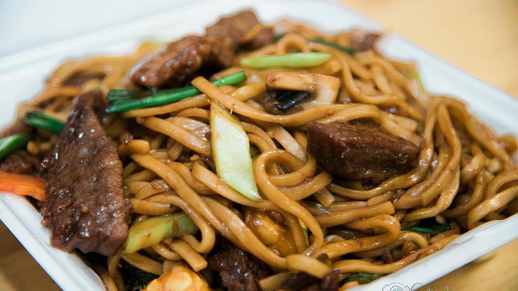 Lo Mein · choice of protein with flat wheat noodles cooked with broccoli, carrot, snow pea, mushroom, zucchini and scallion; then tossed in our house brown sauce