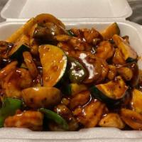 Hot Garlic Sauce · choice of protein with mushroom, zucchini, water chestnut and snow pea in spicy garlic sauce