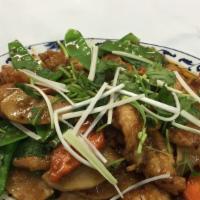 Sha Cha Chicken · Hot and spicy. Sliced chicken sautéed with vegetables in a spicy sha-cha sauce, topped with ...