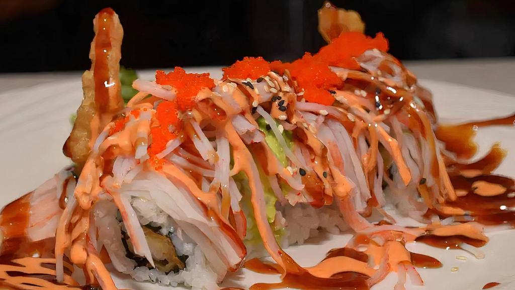 Formosa Roll · Tempura shrimp rolled with crab and avocado on top served with spicy mayo teriyaki sauce and masago.