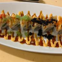 San Antonio Roll · Spicy. Cream cheese, jalapeno, fried asparagus, fried crab with fried salmon, spicy mayo and...