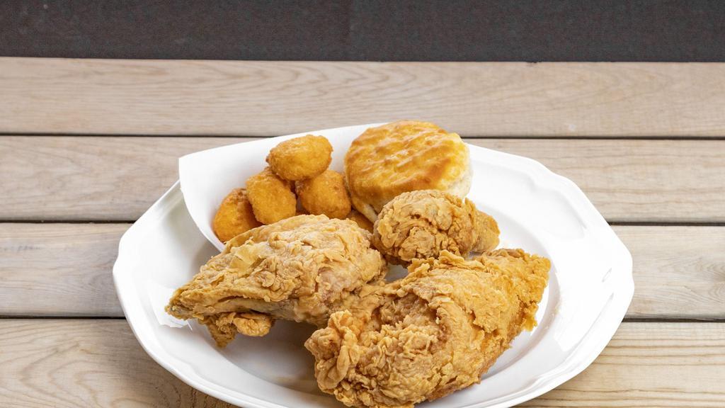 #3 Combo · 3 Piece Chicken served with 1 regular side item, a 32oz drink, and a biscuit or a roll.