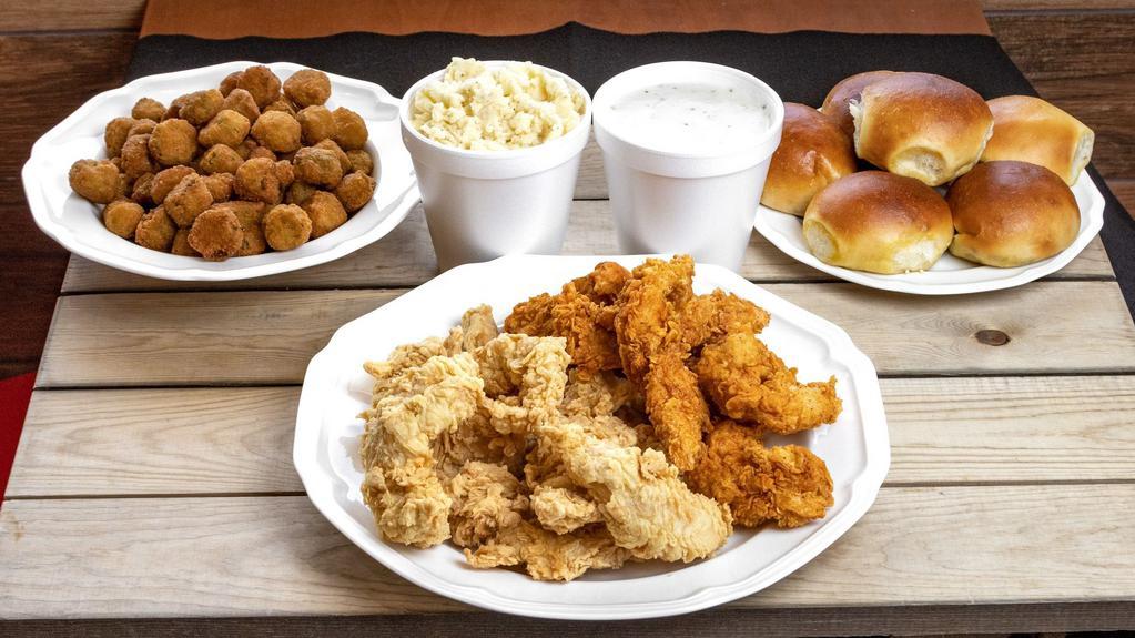 #30 Family Meal · 30 Express Tenders served with 3 family sides and 6 biscuits or 6 rolls. Includes a 16oz gravy