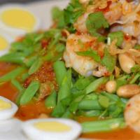 Yum Green Bean · Spicy. Steamed green bean w/ choice of protein, cooked w/ special roasted chili, lemongrass,...