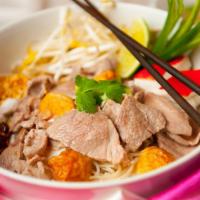 Sen Lek Hang · Rice stick noodle w/ pork, fish ball, imitation crab meat & tofu mixed w/ special mixed soy ...
