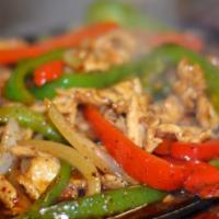 Pad Prik Thai Dum · Spicy. Stir-fried choice of meat w/ yellow onion & bell pepper in Mam's special black pepper...