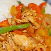 Mam’S Sweet & Sour · Sweet & sour with choice of protein, stir-fried with yellow onion, bell pepper, pineapple ch...