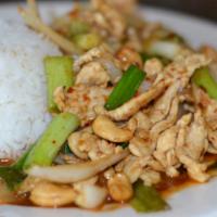 Pad Prik Pao (Gf) · Spicy. Stir-fried choice of meat w/ Thai chili paste, Thai chili, brown sugar, green onion, ...