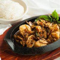 Pad Cha · Spicy. Stir-fried choice of meat w/ young tender bamboo shoot, mushroom & Thai basil in a ve...
