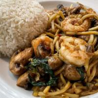 Pad Ped Ga-Prao · Spicy. Stir-fried GROUND meat w/ mushroom (P9 w/ shredded bamboo), Thai chili, Thai basil & ...