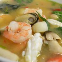 Po Tak Seafood · Spicy. Hot & spicy lime basil soup w/ Tilapia filet, shrimp, squid, imitation crab meat, mus...