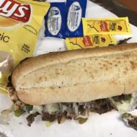 Philly Steak Sub · Steak, onions, bell peppers, cheese.